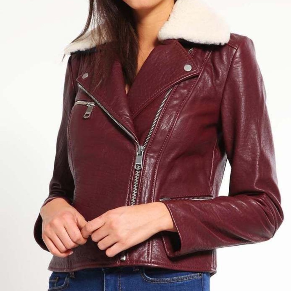 Tommy Hilfiger Burgundy leather moto jacket